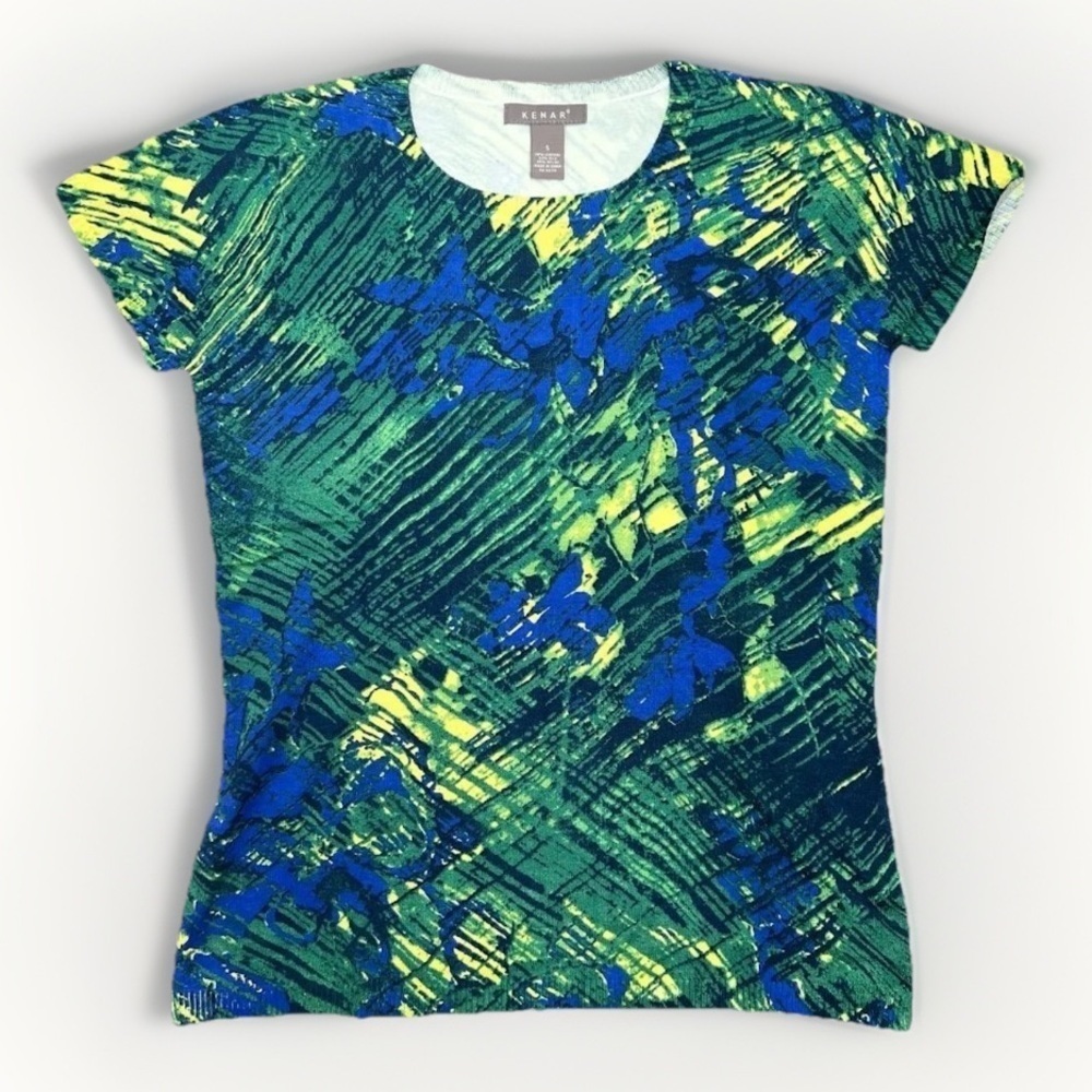 KENAR Blue Green Silk Blend Daphne Knit Top Size M Multicolor Print Short Sleeve